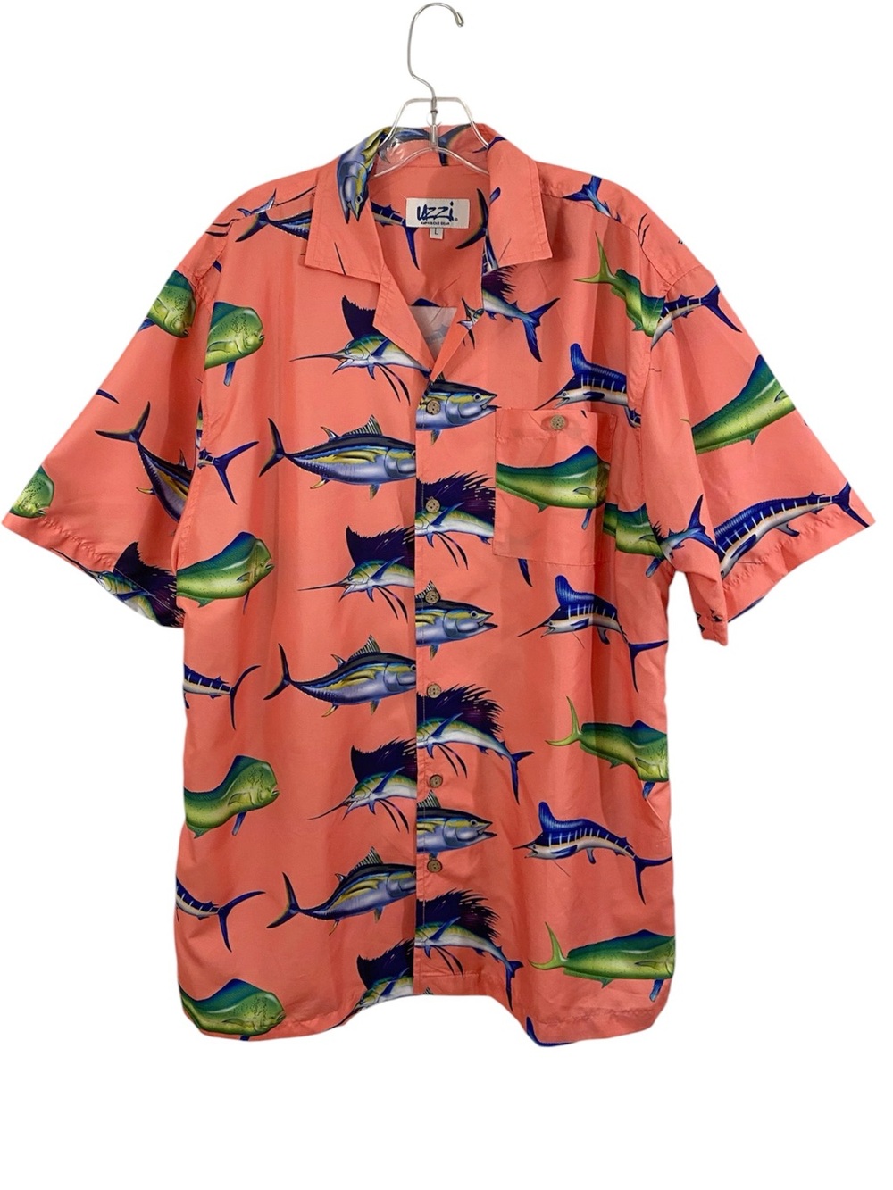 Uzzi Amphibious Gear Men's L Hawaiian Shirt Salmon Pink Sport Fish HP55 Dri-FIT
